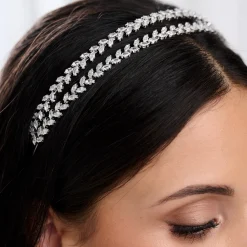 Lace & Favour Prom Headbands & Tiaras | Crystal Hair Accessories*Monaco CZ Crystal Leaves Double Headband Ivory/ Silver