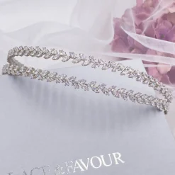Lace & Favour Prom Headbands & Tiaras | Crystal Hair Accessories*Monaco CZ Crystal Leaves Double Headband Ivory/ Silver