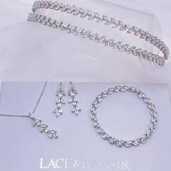 Lace & Favour Prom Headbands & Tiaras | Crystal Hair Accessories*Monaco CZ Crystal Leaves Double Headband Ivory/ Silver
