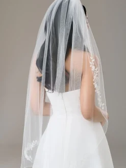Twilight Designs Single Tier Veils | Fingertip Veils*Montrose Single Tier Corded Edge Veil with Floral Lace Motifs Ivory