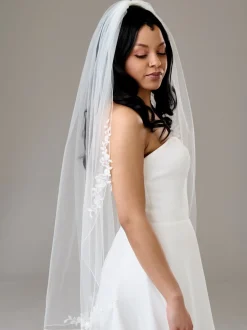 Twilight Designs Single Tier Veils | Fingertip Veils*Montrose Single Tier Corded Edge Veil with Floral Lace Motifs Ivory