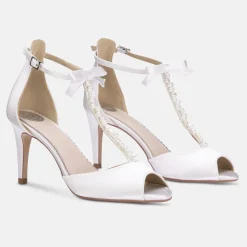 Perfect Bridal Wedding Shoes | High Heel*Morgan Dyeable Satin Keshi Pearl T-Bar Sandals with Bow Detail Ivory