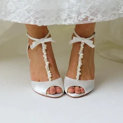 Perfect Bridal Wedding Shoes | High Heel*Morgan Dyeable Satin Keshi Pearl T-Bar Sandals with Bow Detail Ivory