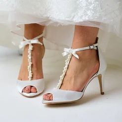 Perfect Bridal Wedding Shoes | High Heel*Morgan Dyeable Satin Keshi Pearl T-Bar Sandals with Bow Detail Ivory