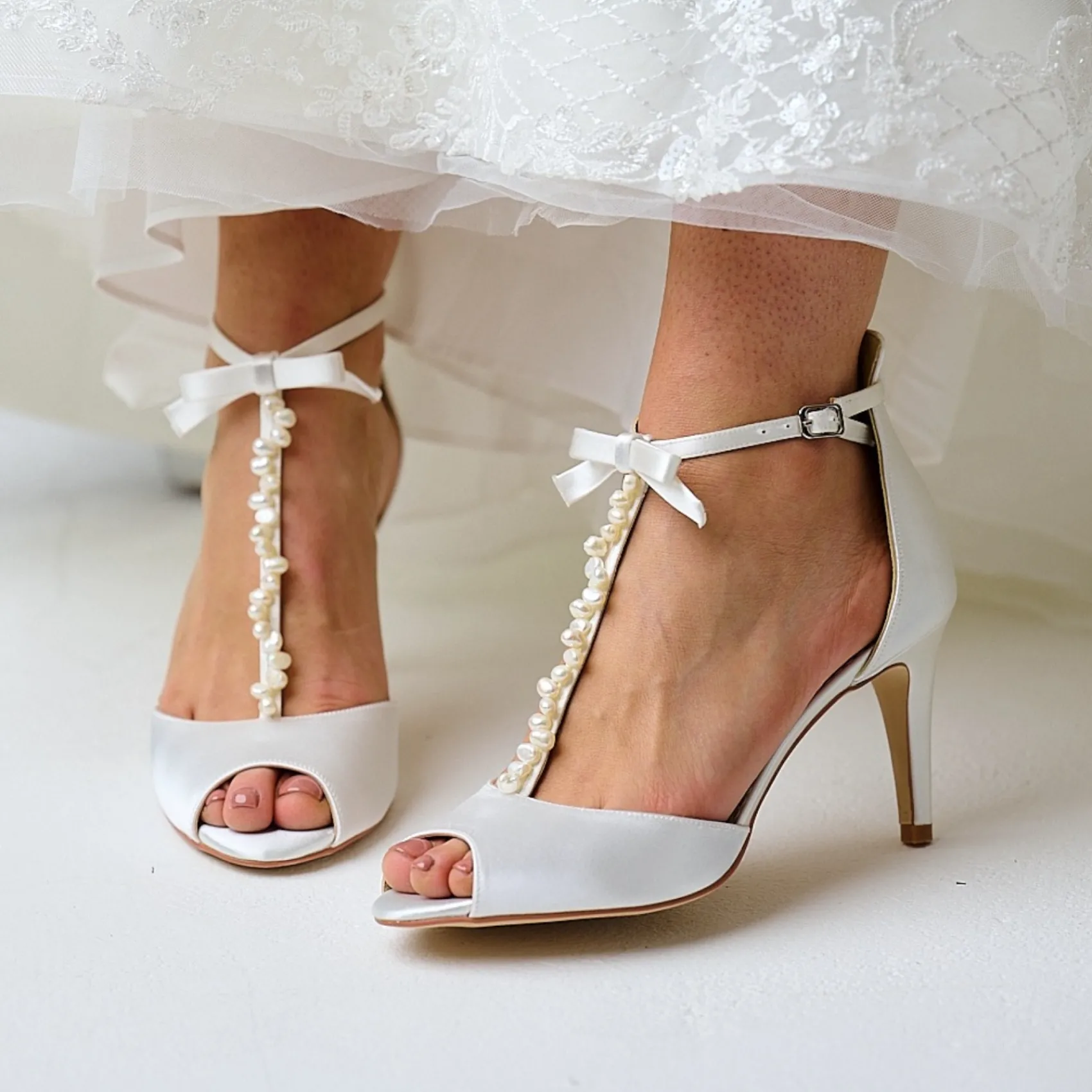 Perfect Bridal Wedding Shoes | High Heel*Morgan Dyeable Satin Keshi Pearl T-Bar Sandals with Bow Detail Ivory