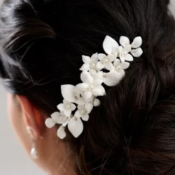 Lace & Favour Pearl Hair Accessories | Silver Hair Accessories*Nieve Ivory Porcelain Flowers and Pearl Wedding Hair Comb Ivory/ Silver