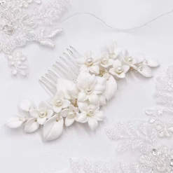 Lace & Favour Pearl Hair Accessories | Silver Hair Accessories*Nieve Ivory Porcelain Flowers and Pearl Wedding Hair Comb Ivory/ Silver