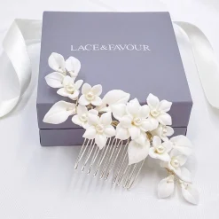 Lace & Favour Pearl Hair Accessories | Silver Hair Accessories*Nieve Ivory Porcelain Flowers and Pearl Wedding Hair Comb Ivory/ Silver