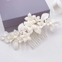 Lace & Favour Pearl Hair Accessories | Silver Hair Accessories*Nieve Ivory Porcelain Flowers and Pearl Wedding Hair Comb Ivory/ Silver