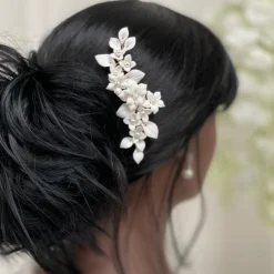 Lace & Favour Pearl Hair Accessories | Silver Hair Accessories*Nieve Ivory Porcelain Flowers and Pearl Wedding Hair Comb Ivory/ Silver