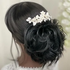 Lace & Favour Pearl Hair Accessories | Silver Hair Accessories*Nieve Ivory Porcelain Flowers and Pearl Wedding Hair Comb Ivory/ Silver