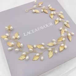 Lace & Favour Pearl Hair Accessories | Gold Hair Accessories*October Gold Leaves and Pearls Long Wedding Hair Vine Ivory/ Gold