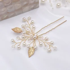 Lace & Favour Bridesmaid Gifts | Bride Gifts*October Gold Leaves and Pearl Wedding Hair Pin Ivory/ Gold