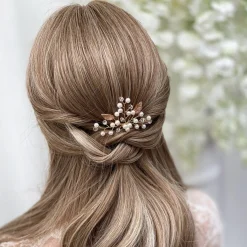 Lace & Favour Bridesmaid Gifts | Bride Gifts*October Gold Leaves and Pearl Wedding Hair Pin Ivory/ Gold