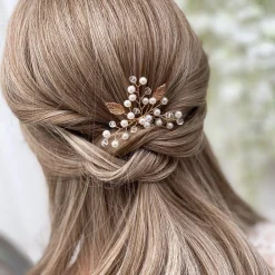 Lace & Favour Bridesmaid Gifts | Bride Gifts*October Gold Leaves and Pearl Wedding Hair Pin Ivory/ Gold