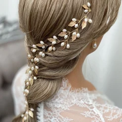 Lace & Favour Pearl Hair Accessories | Gold Hair Accessories*October Gold Leaves and Pearls Long Wedding Hair Vine Ivory/ Gold