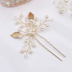 Lace & Favour Bridesmaid Gifts | Bride Gifts*October Gold Leaves and Pearl Wedding Hair Pin Ivory/ Gold