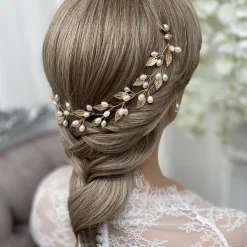 Lace & Favour Pearl Hair Accessories | Gold Hair Accessories*October Gold Leaves and Pearls Long Wedding Hair Vine Ivory/ Gold