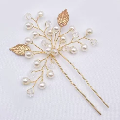 Lace & Favour Bridesmaid Gifts | Bride Gifts*October Gold Leaves and Pearl Wedding Hair Pin Ivory/ Gold