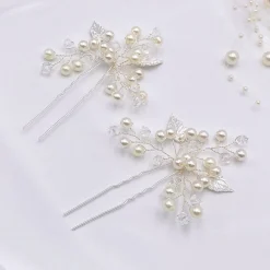 Lace & Favour Bridesmaid Gifts | Bride Gifts*October Silver Leaves and Pearl Wedding Hair Pin Ivory/ Silver