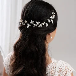 Lace & Favour Pearl Hair Accessories | Silver Hair Accessories*October Silver Leaves and Pearls Long Wedding Hair Vine Ivory/ Silver