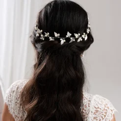 Lace & Favour Pearl Hair Accessories | Silver Hair Accessories*October Silver Leaves and Pearls Long Wedding Hair Vine Ivory/ Silver