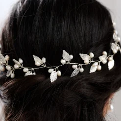Lace & Favour Pearl Hair Accessories | Silver Hair Accessories*October Silver Leaves and Pearls Long Wedding Hair Vine Ivory/ Silver