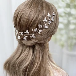 Lace & Favour Pearl Hair Accessories | Silver Hair Accessories*October Silver Leaves and Pearls Long Wedding Hair Vine Ivory/ Silver