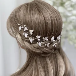 Lace & Favour Pearl Hair Accessories | Silver Hair Accessories*October Silver Leaves and Pearls Long Wedding Hair Vine Ivory/ Silver