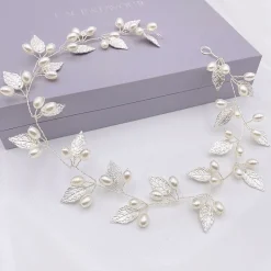 Lace & Favour Pearl Hair Accessories | Silver Hair Accessories*October Silver Leaves and Pearls Long Wedding Hair Vine Ivory/ Silver