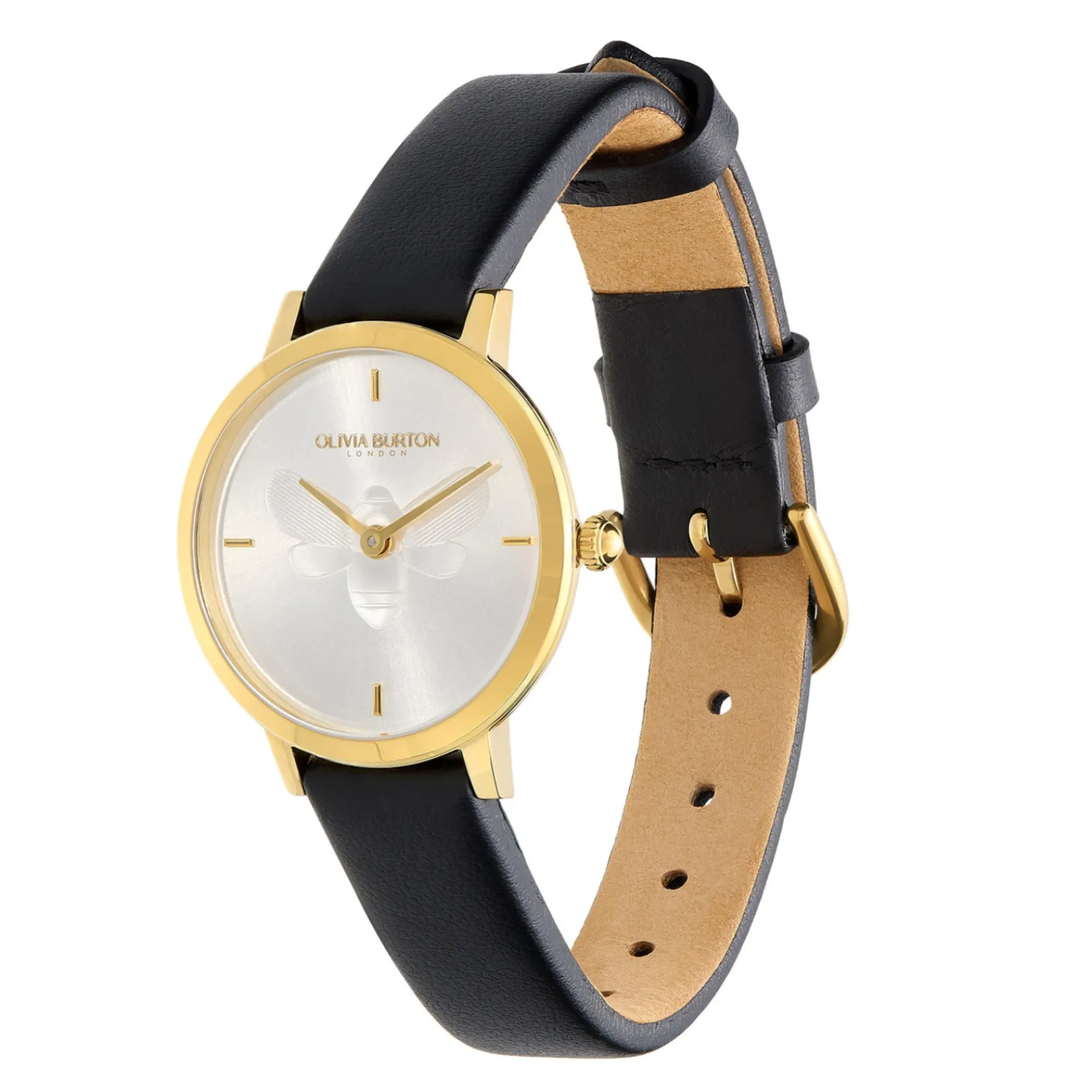 Olivia Burton Women's Watches | Mother Of The Groom Gifts*Bee 28mm Ultra Slim Gold and Black Leather Strap Watch