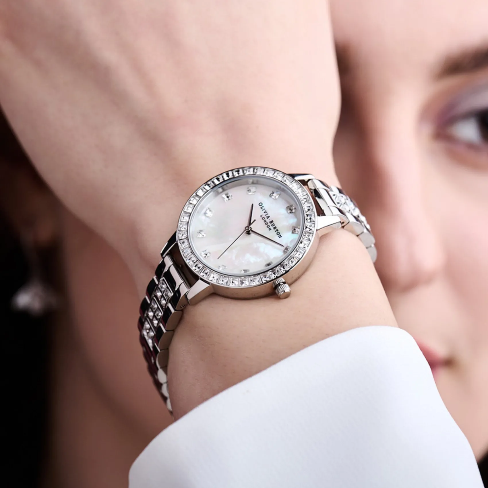 Olivia Burton Women's Watches | Bride Gifts*Mother of Pearl and Crystal 34mm Silver Bracelet Watch