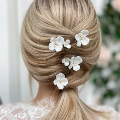 Lace & Favour Pearl Hair Accessories | Silver Hair Accessories*Paradise Ivory Ceramic Flower Hair Pins Ivory/ Silver