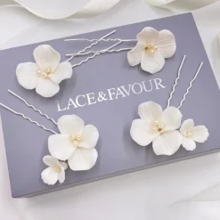 Lace & Favour Pearl Hair Accessories | Silver Hair Accessories*Paradise Ivory Ceramic Flower Hair Pins Ivory/ Silver