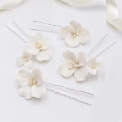 Lace & Favour Pearl Hair Accessories | Silver Hair Accessories*Paradise Ivory Ceramic Flower Hair Pins Ivory/ Silver