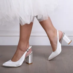 Paradox London Wedding Shoes | Mid Heel*Alston Dyeable Satin Slingback Block Heels Ivory