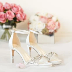 Paradox London Wedding Guest Shoes | Wedding Shoes*Enya Satin High Heel Crystal Platform Sandals Ivory
