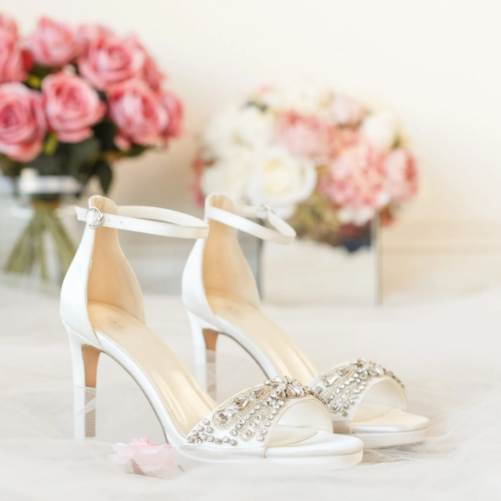 Paradox London Wedding Guest Shoes | Wedding Shoes*Enya Satin High Heel Crystal Platform Sandals Ivory