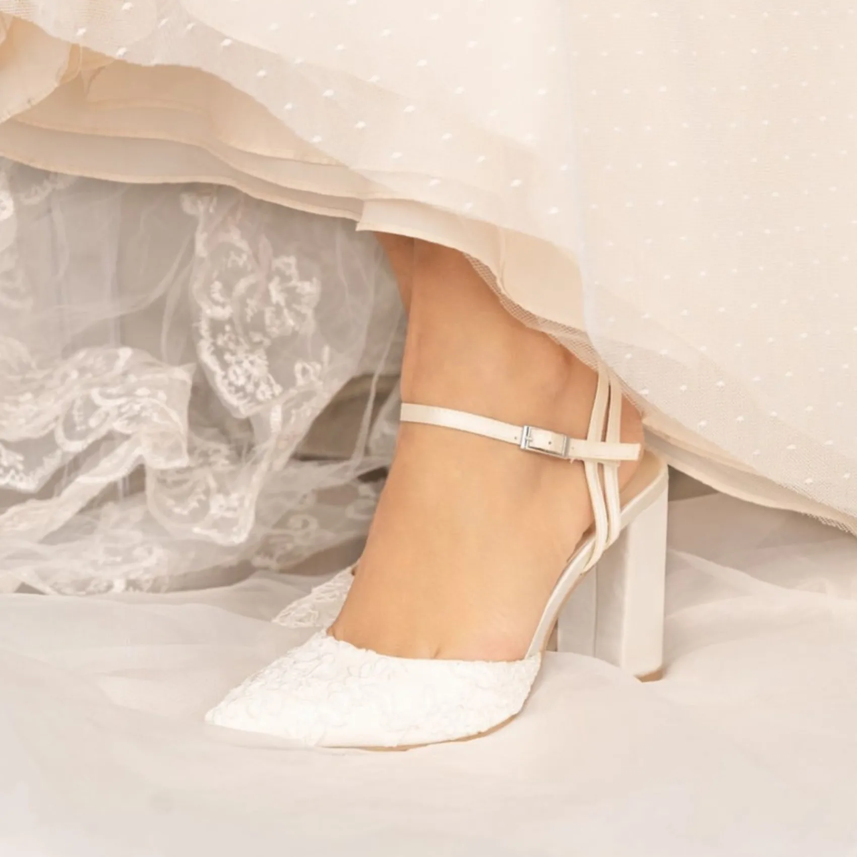 Paradox London Wedding Shoes | High Heel*Fauna Satin and Lace Block Heel Court Shoes Ivory