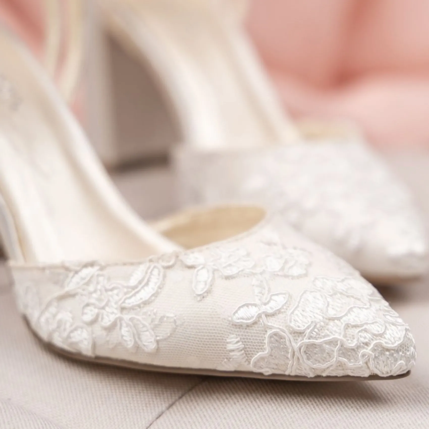 Paradox London Wedding Shoes | High Heel*Fauna Satin and Lace Block Heel Court Shoes Ivory