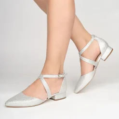 Paradox London Sparkly Prom Shoes | Silver Prom Shoes*Inaya Shimmer Cross Strap Low Block Heels Silver