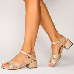 Paradox London Sparkly Prom Shoes | Gold Prom Shoes*Neala Glitter Wide Fit Low Block Heel Sandals Champagne