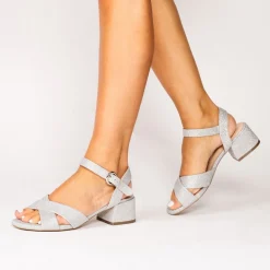 Paradox London Sparkly Prom Shoes | Silver Prom Shoes*Neala Glitter Wide Fit Low Block Heel Sandals Silver