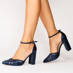 Paradox London Sparkly Prom Shoes | Blue Prom Shoes*Rhea Shimmer Block Heel Ankle Strap Court Shoes Navy