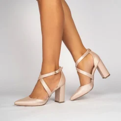 Paradox London Sparkly Prom Shoes | Pink Prom Shoes*Rylee Shimmer Cross Strap Block Heel Court Shoe Nude