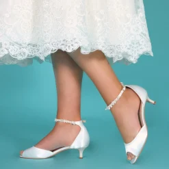 Perfect Bridal Low Heel | Shoes For Dyeing*Amber Satin Kitten Heel Pearl Ankle Strap Sandals Ivory