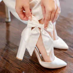 Perfect Bridal Wedding Shoes | High Heel*Arabella Satin High Block Heels with Oversize Bow Ivory