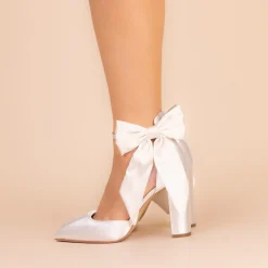 Perfect Bridal Wedding Shoes | High Heel*Arabella Satin High Block Heels with Oversize Bow Ivory