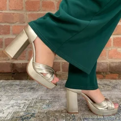 Perfect Bridal Gold Prom Shoes | Prom Sandals*Birdie Leather Knotted Block Heel Platform Sandals Gold