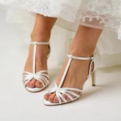 Perfect Bridal Wedding Shoes | High Heel*Bryony Satin Strappy T-Bar Sandals Ivory